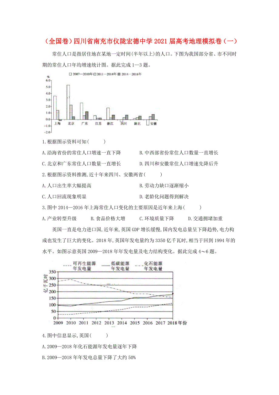 （全国卷）四川省南充市仪陇宏德中学2021届高考地理模拟卷（一）.doc_第1页