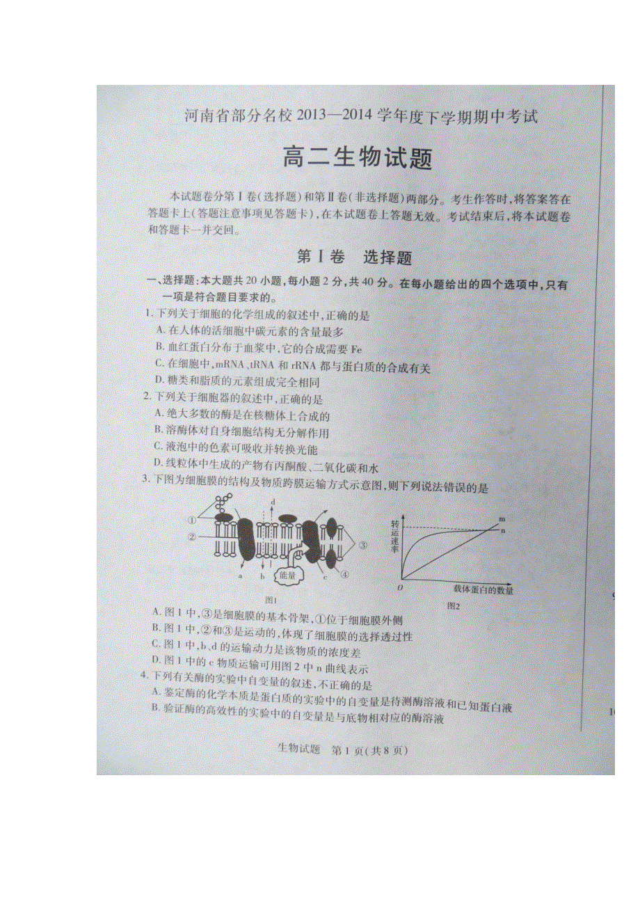 河南省豫东豫北十所名校2013-2014学年高二下学期期中联考生物试题 扫描版含答案.doc_第1页