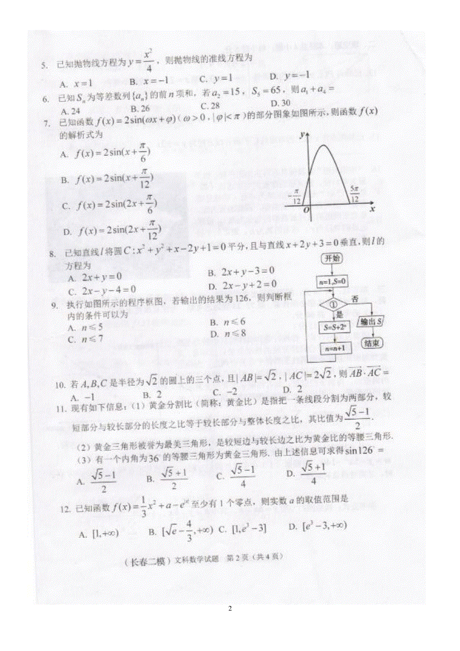 吉林省长春市2021届高三下学期质量监测（二）（二模）文科数学试题 图片版含答案.pdf_第2页