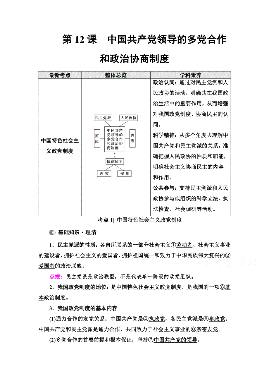 2022高考政治（江苏专用）一轮复习教师用书：必修2 第5单元 第12课　中国共产党领导的多党合作和政治协商制度 WORD版含解析.doc_第1页