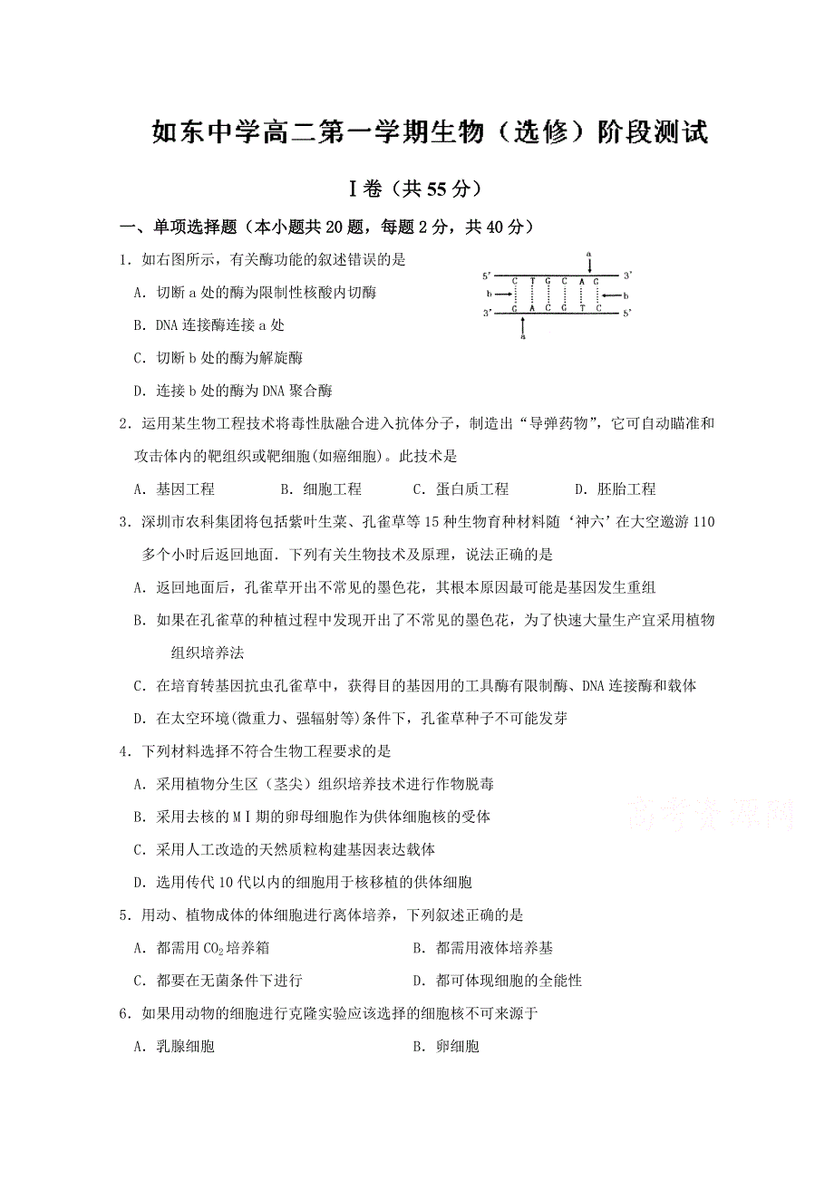 江苏省如东高级中学2014-2015学年高二12月阶段考试生物（选修）试题 WORD版含答案.doc_第1页