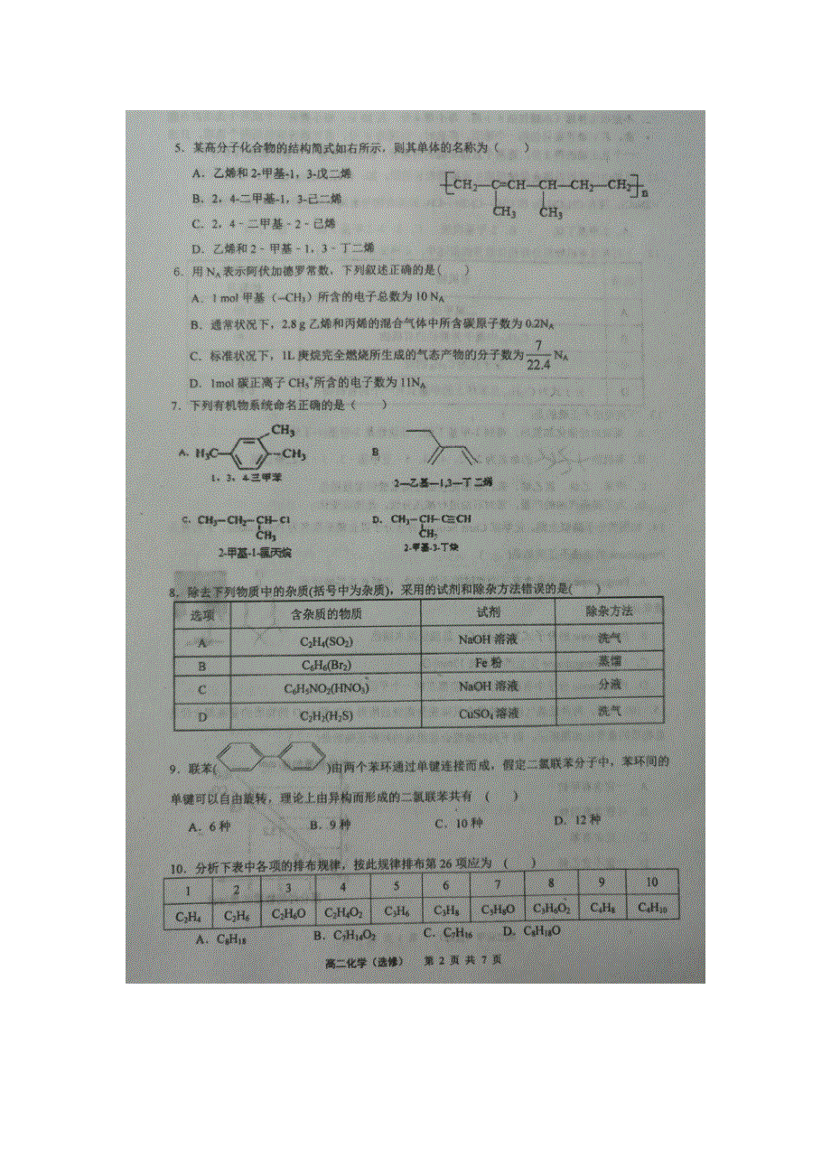 江苏省如东高级中学2015-2016学年高二下学期期中考试化学（选修）试题 扫描版含答案.doc_第2页