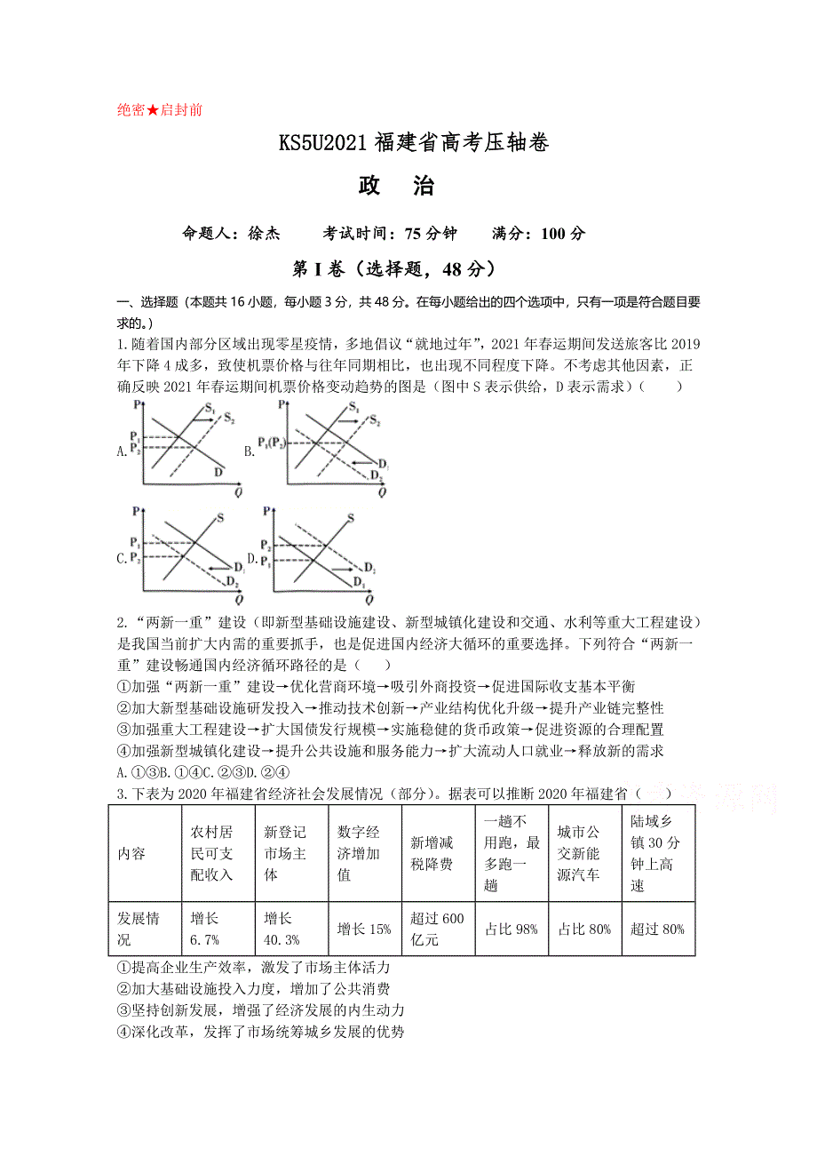 2021福建省高考压轴卷 政治 WORD版含解析.doc_第1页