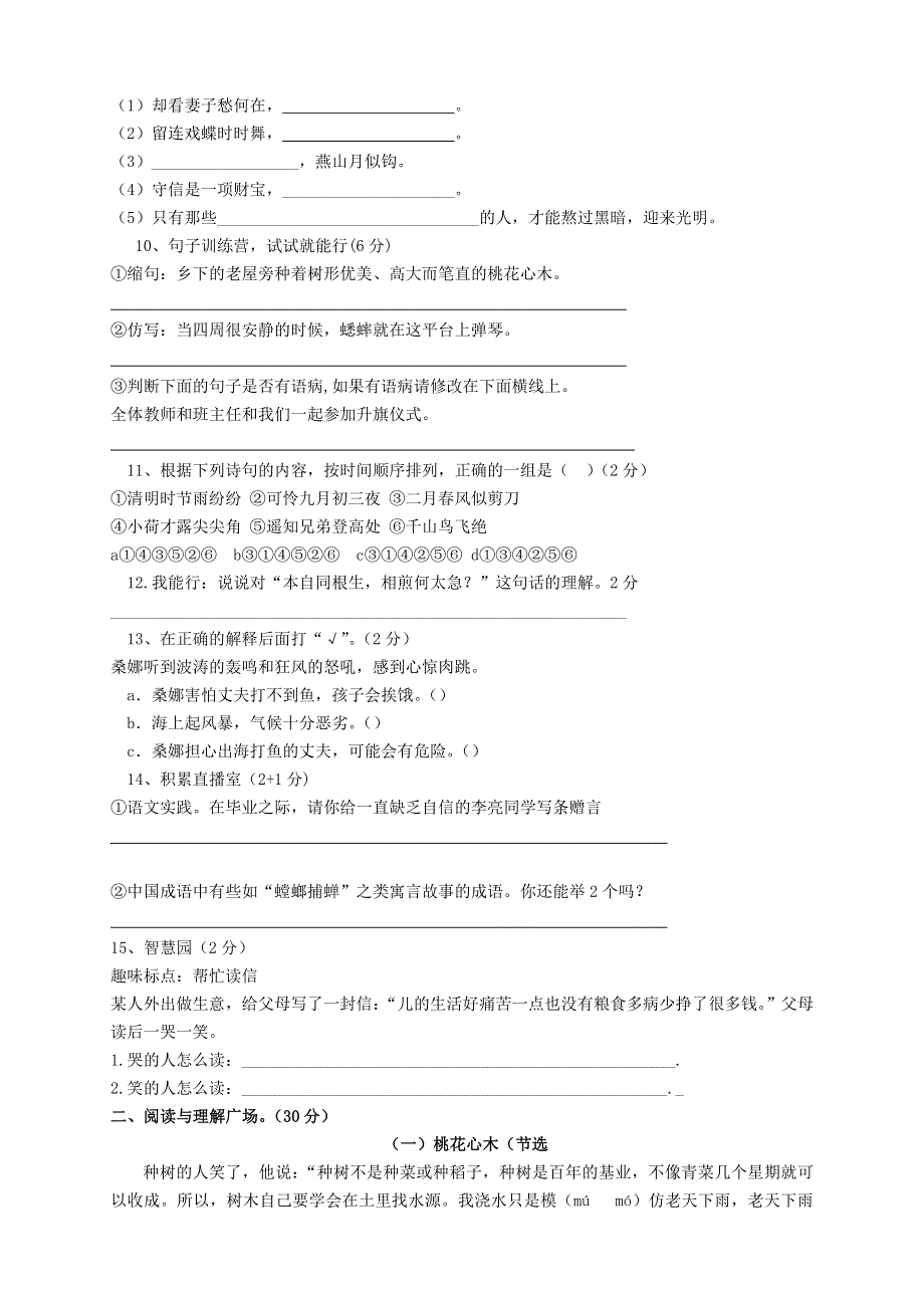 小升初语文模拟试卷十五 新人教版.doc_第2页