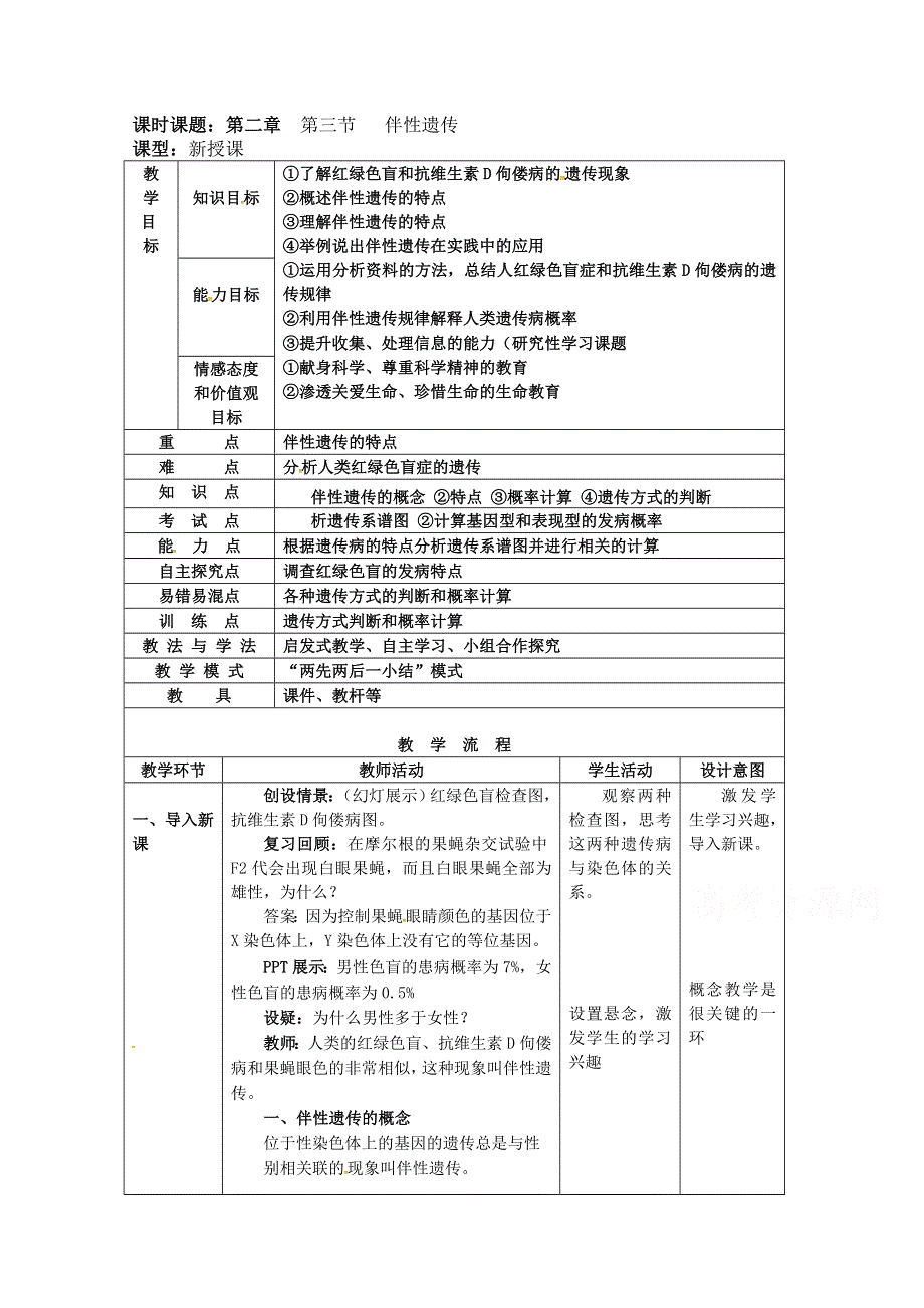 2020-2021学年生物浙科版必修2教学教案：第二章第三节 性染色体与伴性遗传 第2课时 WORD版含解析.doc_第1页