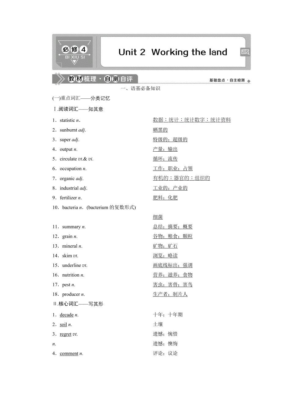 2021版浙江高考英语（人教版）一轮复习 基础考点聚焦 必修4 学案 2 UNIT 2　WORKING THE LAND WORD版含答案.doc_第1页