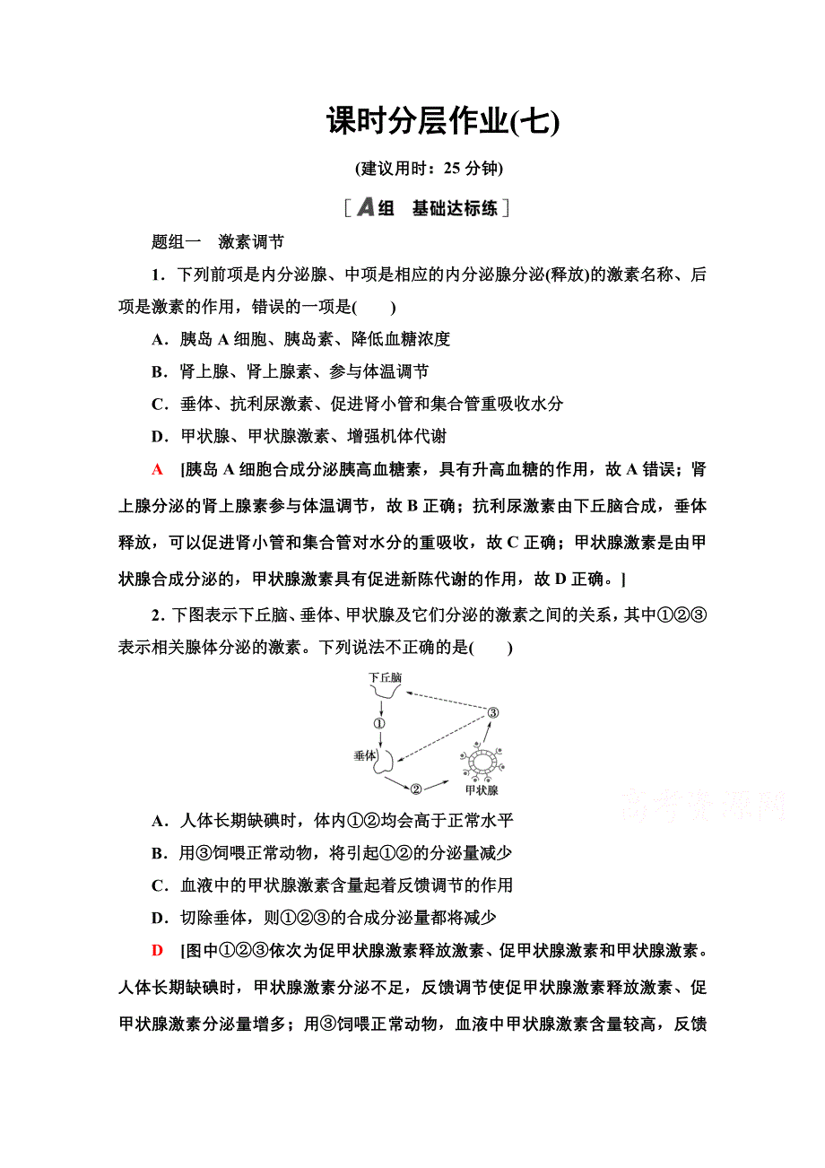 2020-2021学年生物苏教版必修3课时分层作业 7 人体的体液调节　神经调节与体液调节的关系 WORD版含解析.doc_第1页