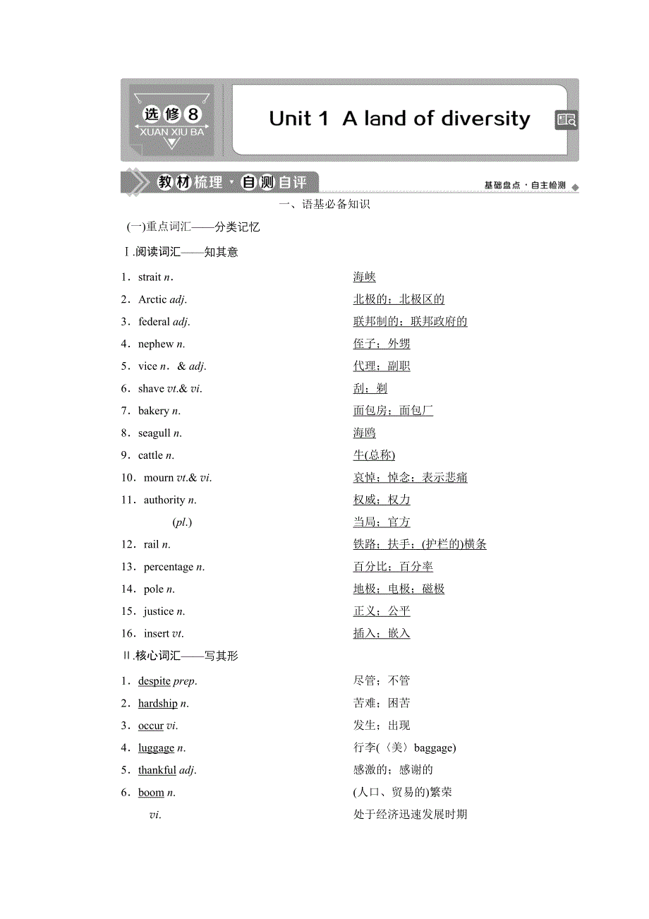 2021版浙江高考英语（人教版）一轮复习 基础考点聚焦 选修8 学案 1 UNIT 1　A LAND OF DIVERSITY WORD版含答案.doc_第1页