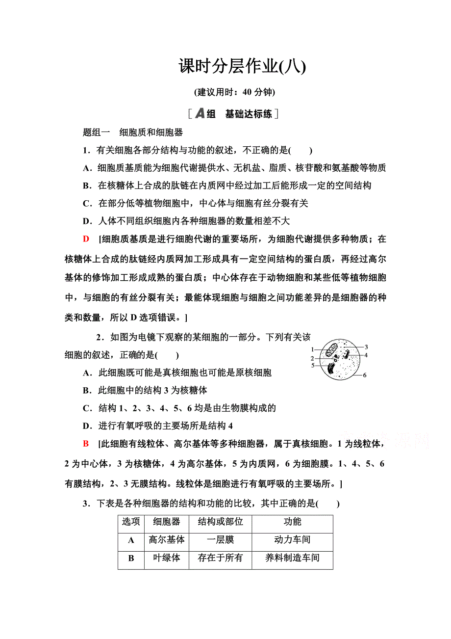 2020-2021学年生物苏教版必修一课时分层作业 8 细胞质和细胞器 WORD版含解析.doc_第1页