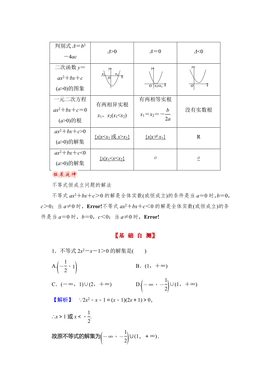 《高考讲坛》2015届高三数学（理山东版）一轮配套文档：第6章 第2节 一元二次不等式及其解法.doc_第2页