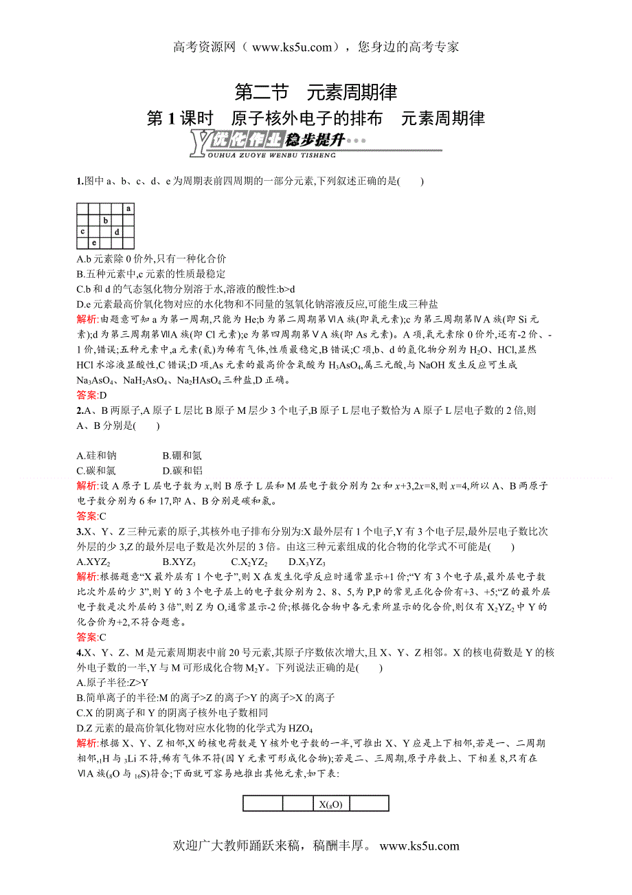 2014年春高一化学人教版必修二优化作业：1.2.1 原子核外电子的排布　元素周期律 WORD版含解析.doc_第1页