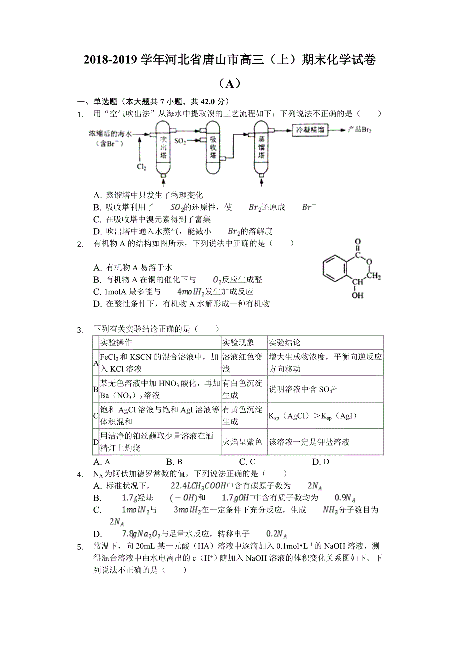 河北省唐山市2019届高三上学期期末考试化学试卷（A） WORD版含解析.doc_第1页