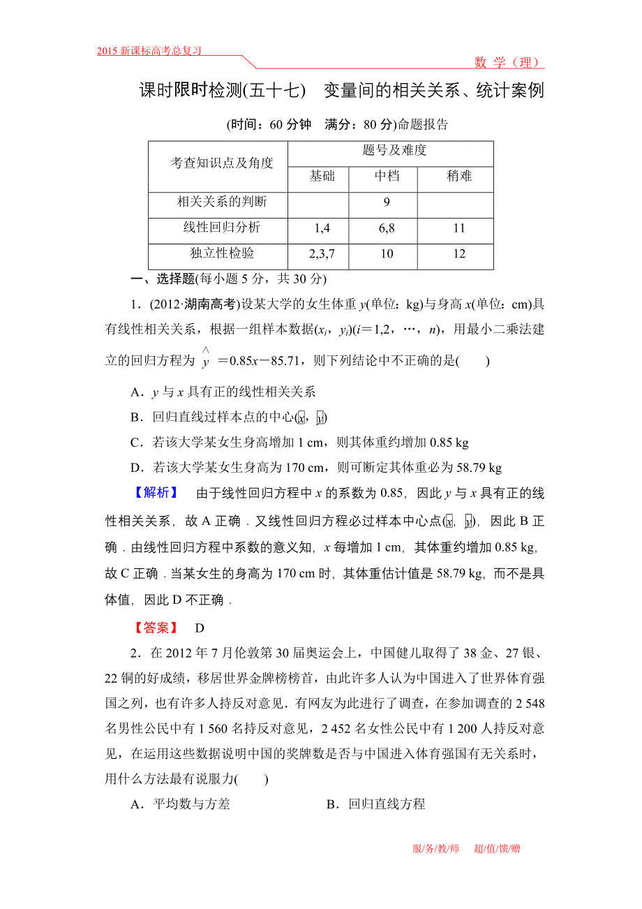 《高考讲坛》2015届高三数学（理山东版）一轮限时检测57 变量间的相关关系、统计案例.doc_第1页