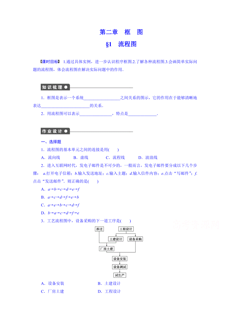 《学案导学与随堂笔记》北师大版数学选修1-2全套备课精选同步练习：2.1 流程图.doc_第1页