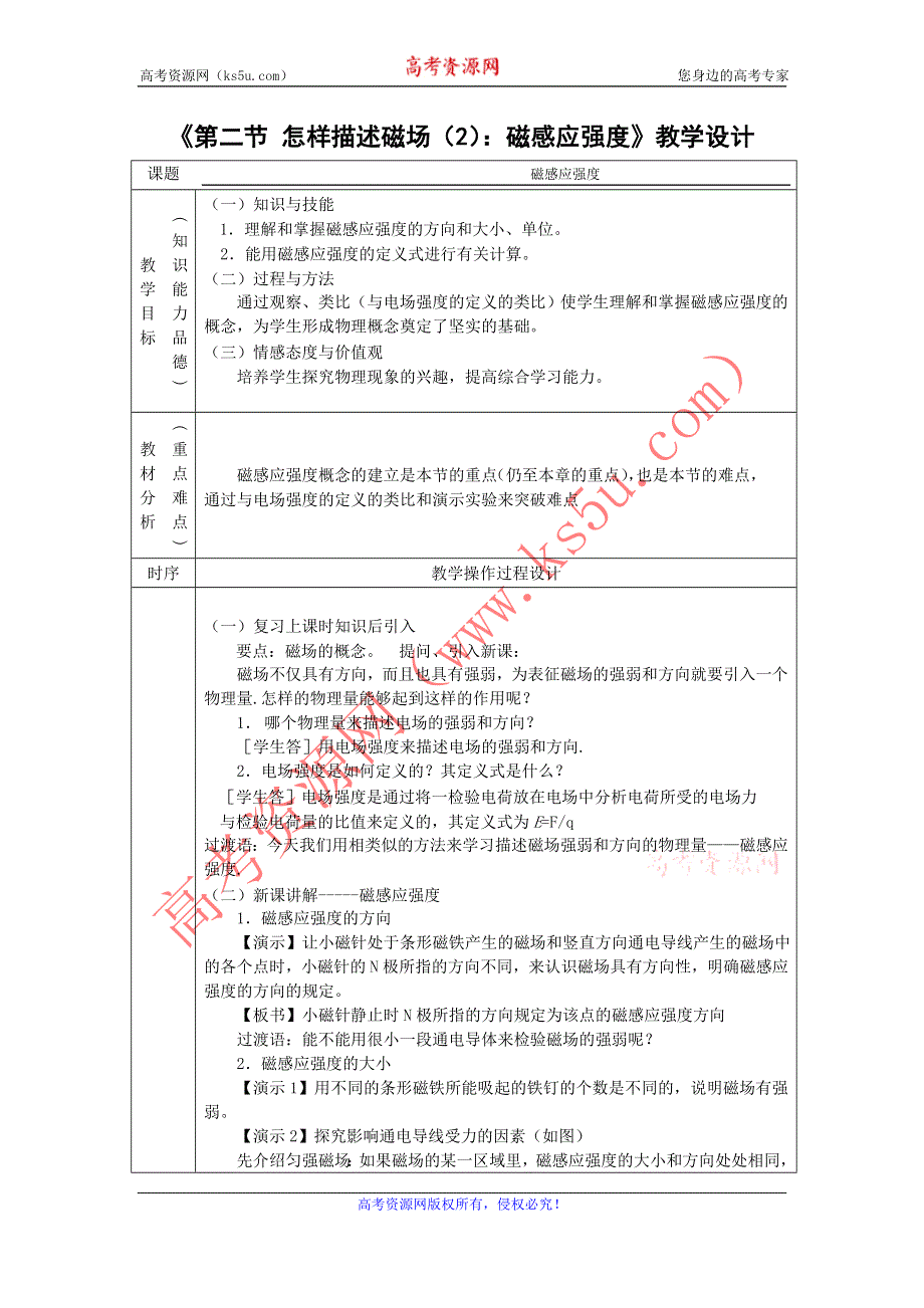 2012高二物理教案 5.2 怎样描述磁场 1（沪科版选修3-1）.doc_第1页