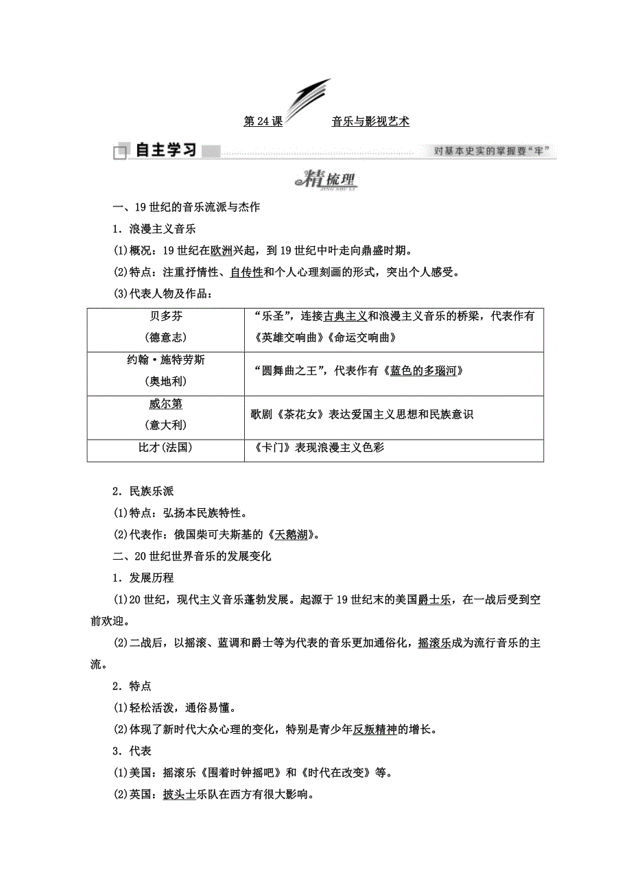 2017-2018学年高中历史人教版必修3学案：第24课 音乐与影视艺术 WORD版含答案.doc_第1页