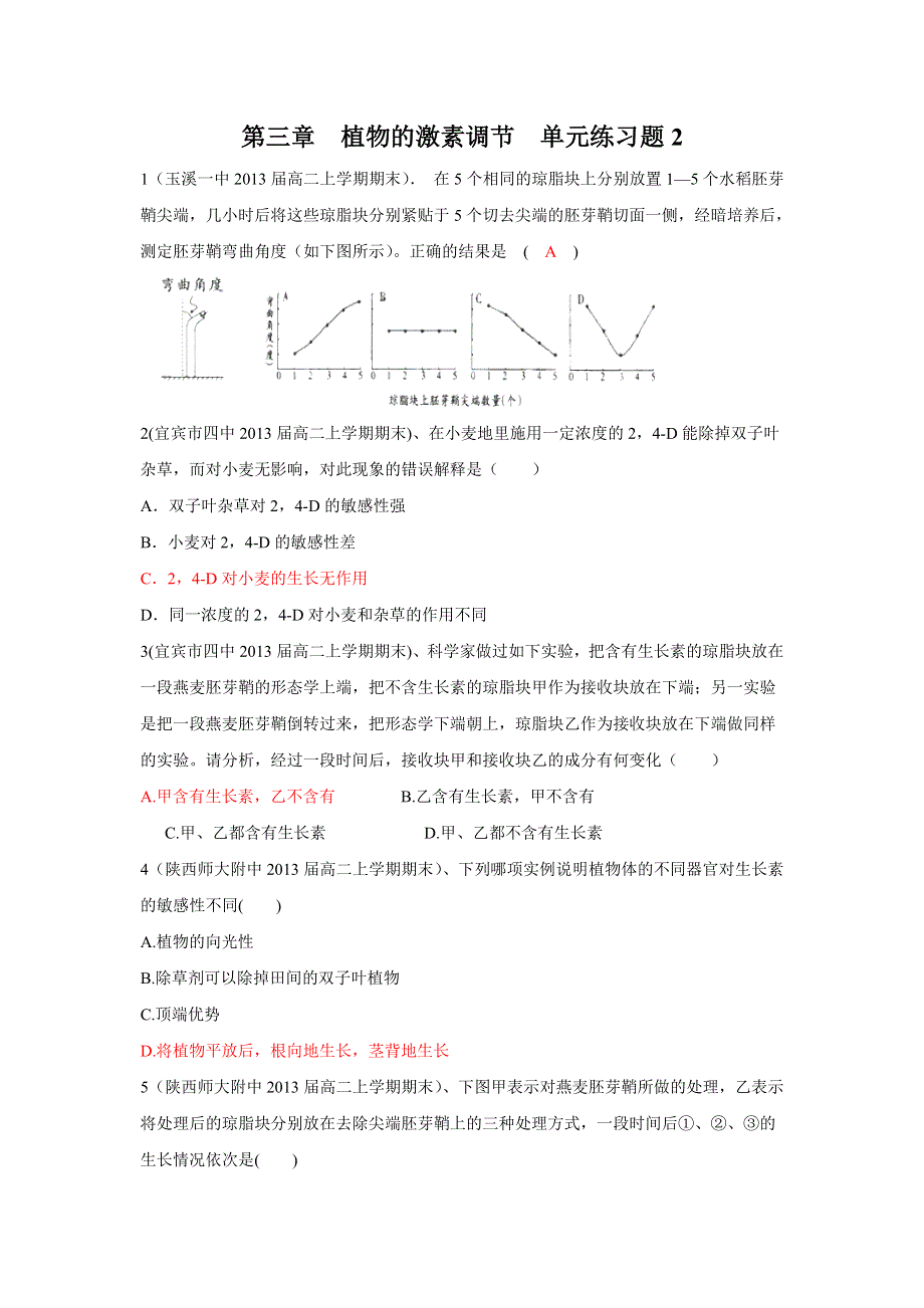 2012高二生物单元测试：第三章 植物的激素调节 2（人教版必修3）.doc_第1页