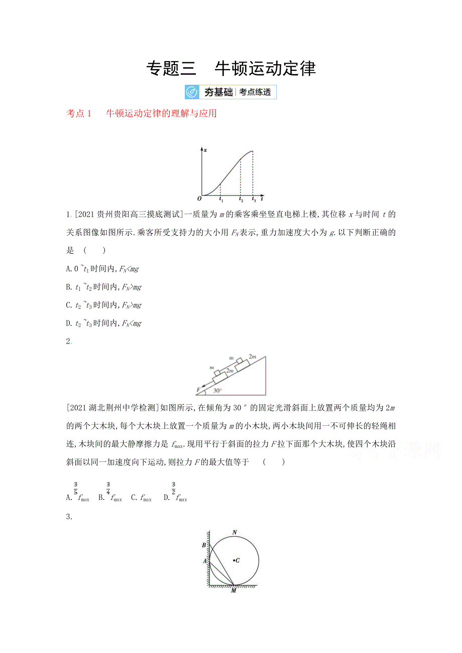 2022高考物理（全国版）一轮复习试题：专题三　牛顿运动定律 2 WORD版含解析.doc_第1页