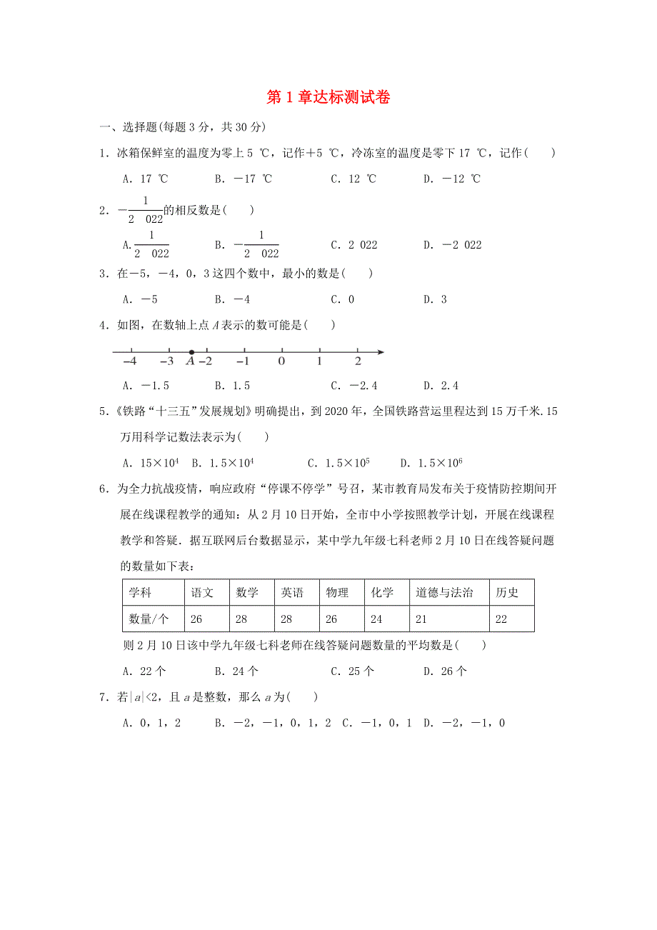 2021秋七年级数学上册 第1章 有理数达标测试（新版）沪科版.doc_第1页