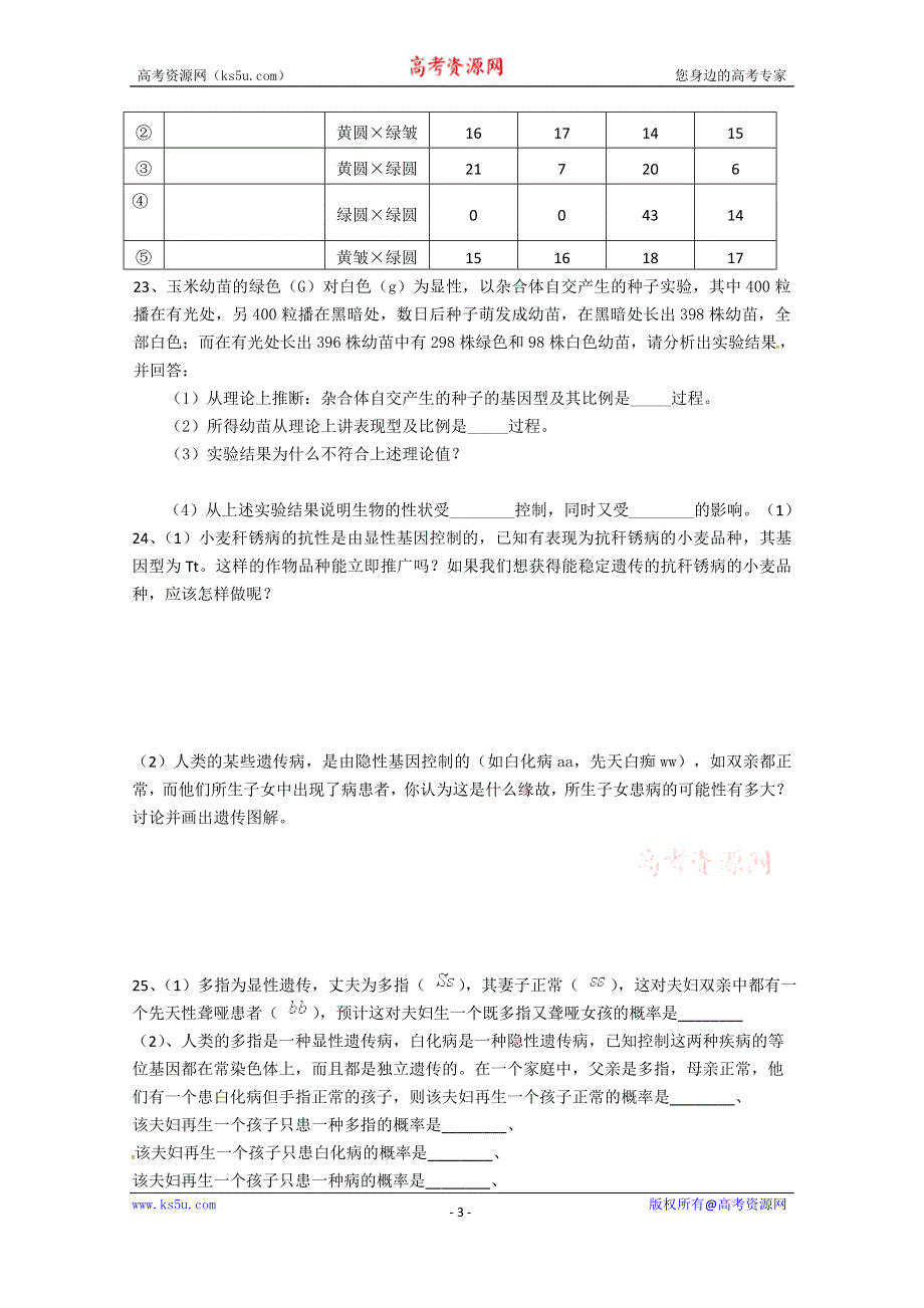 2014年浙科版高中生物必修一同步系列：《自由组合定律》同步练习9.doc_第3页