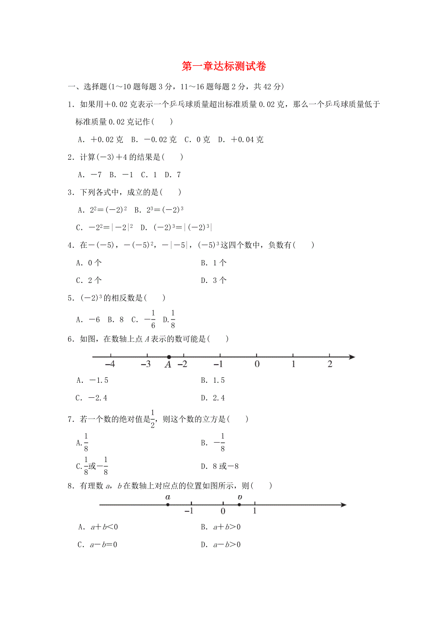 2021秋七年级数学上册 第1章 有理数达标测试（新版）冀教版.doc_第1页