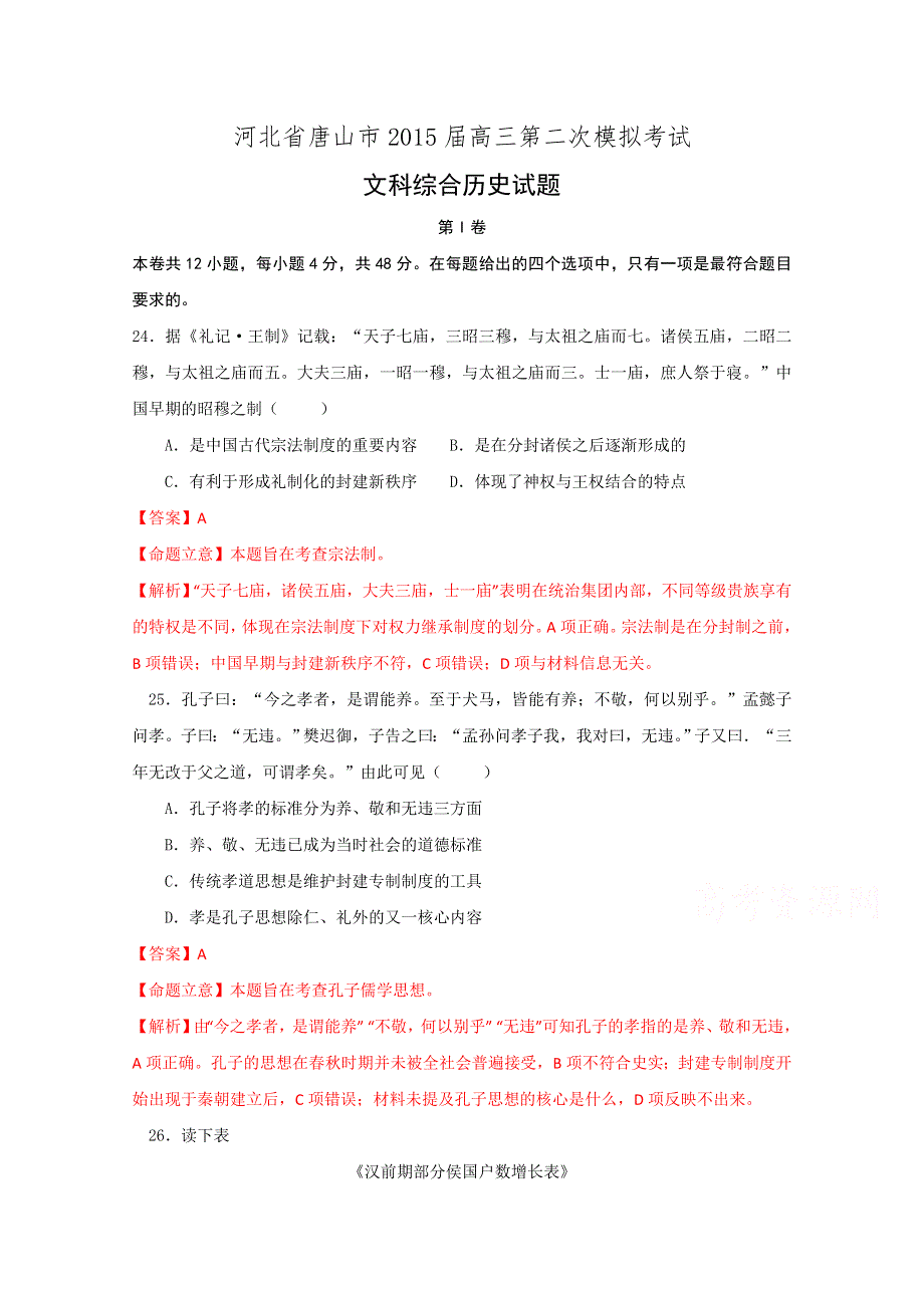 河北省唐山市2015届高三第二次模拟考试文综历史试题 WORD版含解析.doc_第1页