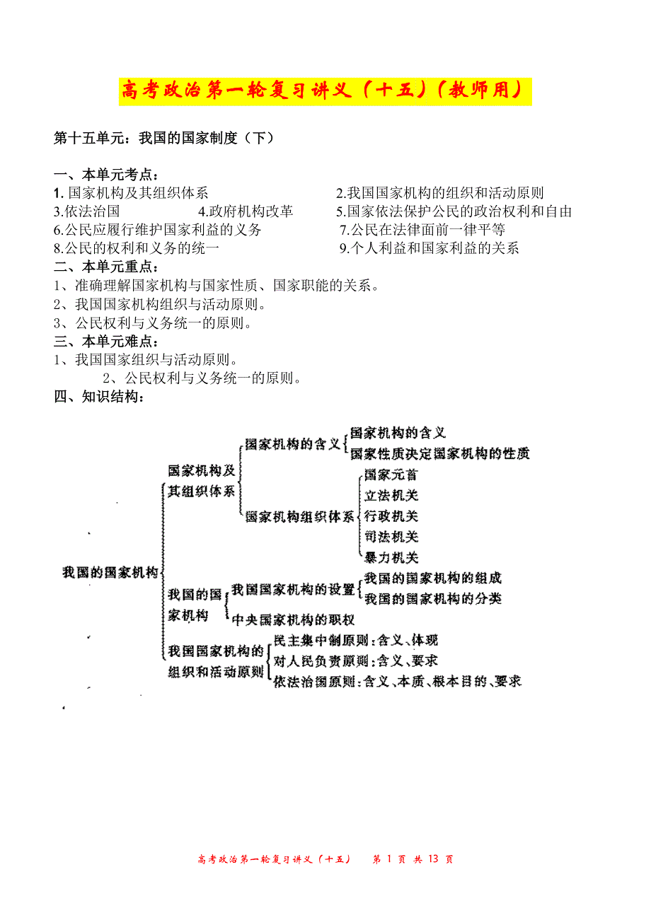 高考政治第一轮复习讲义（15）（教师用）我国的国家制度（下）.doc_第1页