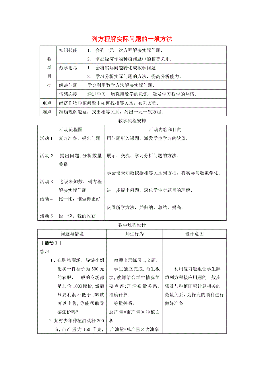 2021秋七年级数学上册 第5章 一元一次方程5.3 应用一元一次方程——水箱变高了 1列一元一次方程解决实际问题的一般方法教案（新版）北师大版.doc_第1页