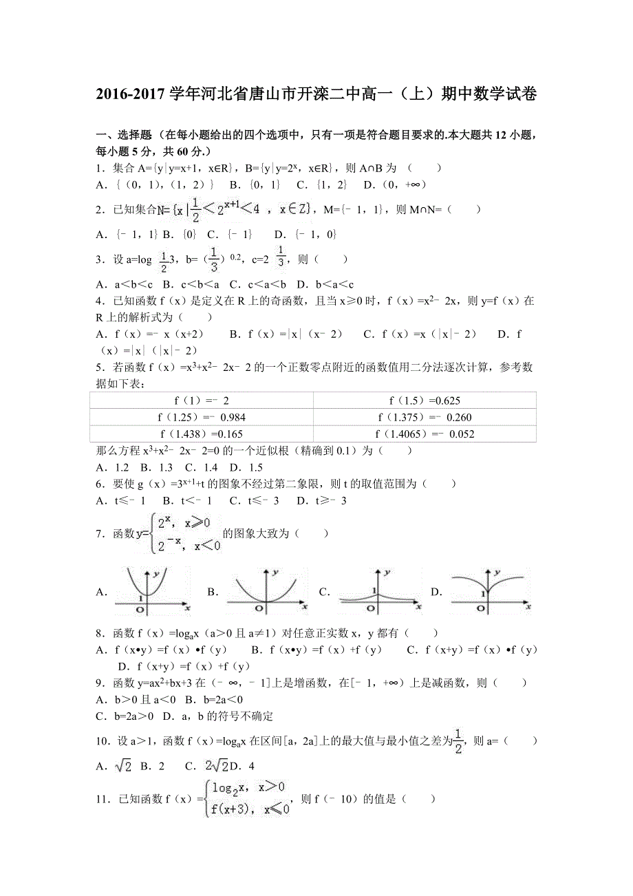 河北省唐山市开滦二中2016-2017学年高一上学期期中数学试卷 WORD版含解析.doc_第1页