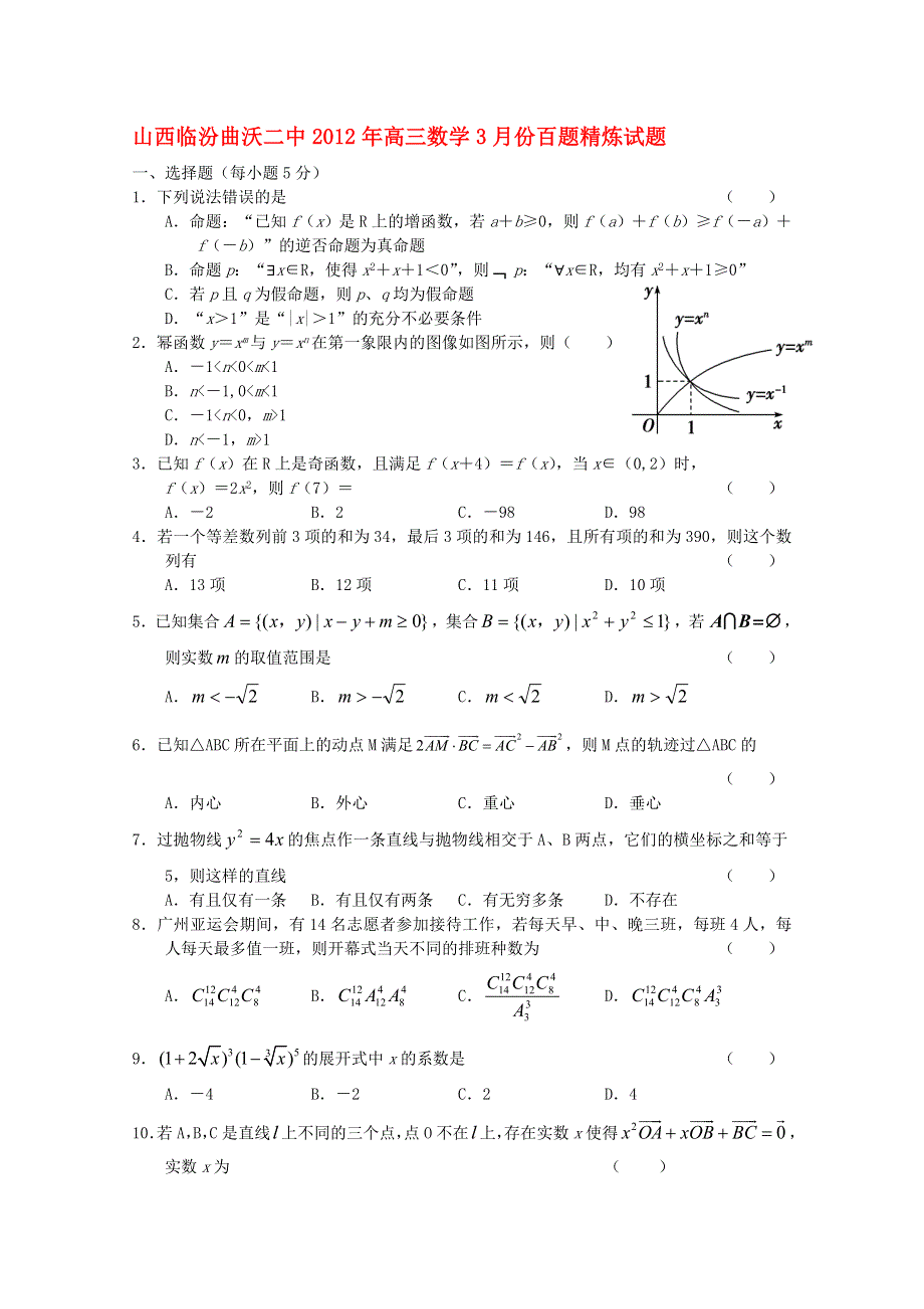 山西临汾曲沃二中2012年高三数学3月份百题精炼试题.doc_第1页