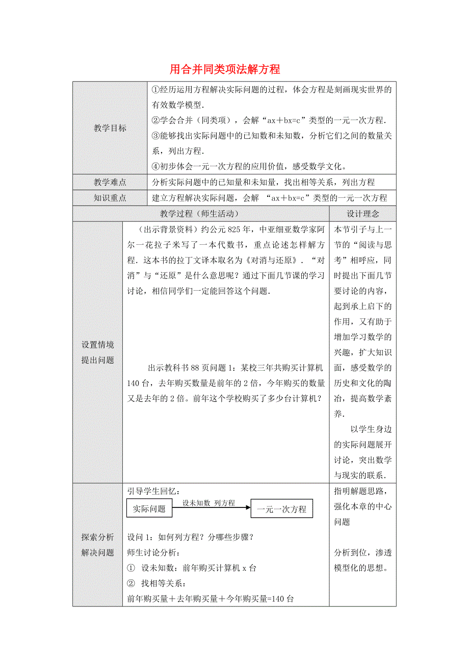 2021秋七年级数学上册 第三章 一元一次方程3.2 解一元一次方程（一）合并同类项 1用合并同类项法解方程教学设计（新版）新人教版.doc_第1页