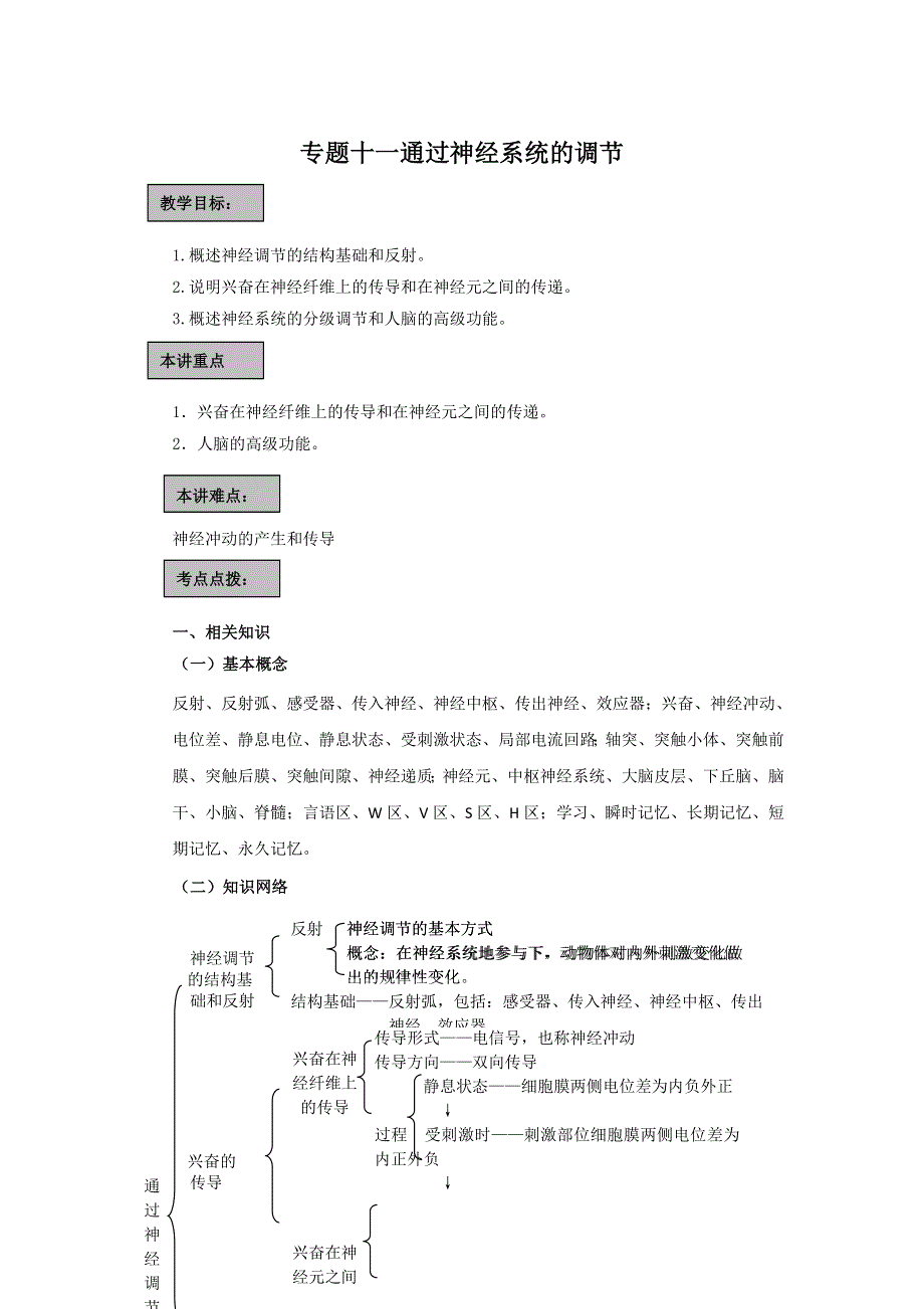 2014年高三生物一轮复习学案：专题11 通过神经系统的调节.doc_第1页