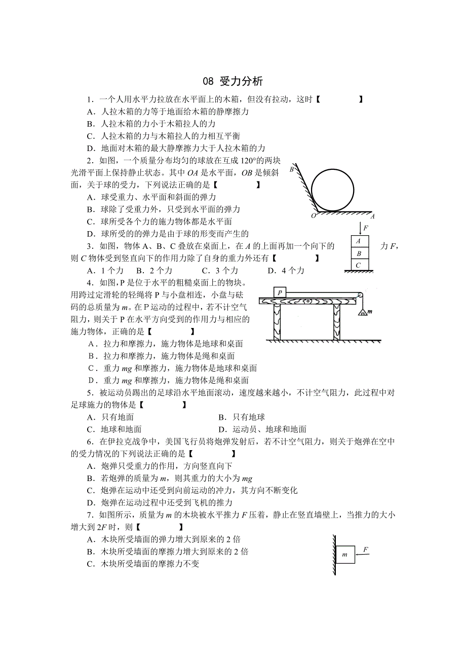 山西忻州第一中学高一同步08受力分析（物理）.doc_第1页