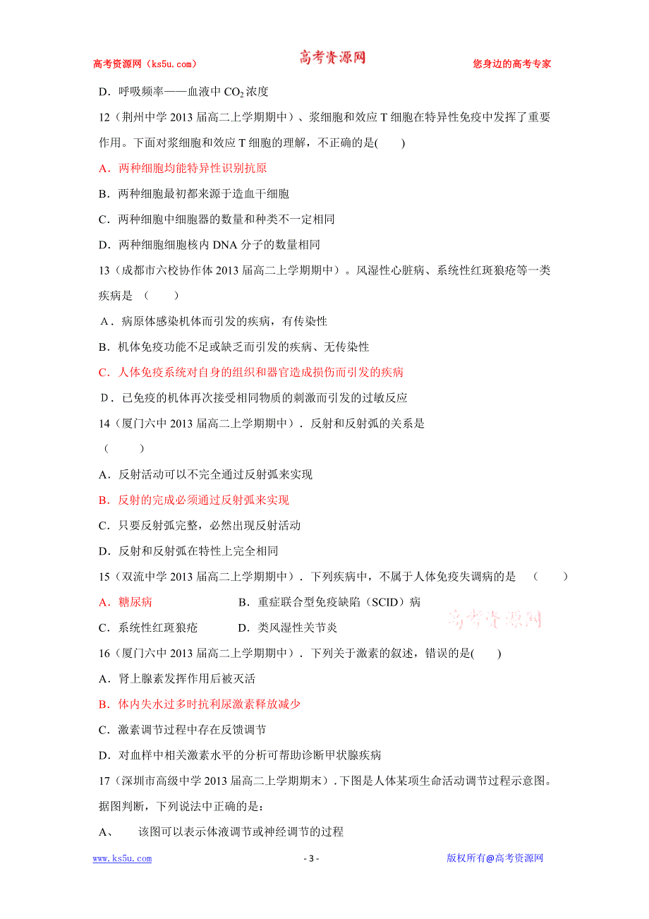 2012高二生物第2章 动物和人体生命活动的调节 单元练习题2（人教版必修3）.doc_第3页