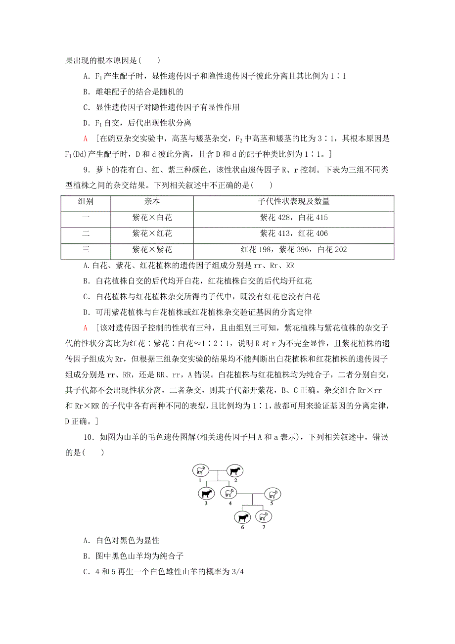 2019-2020学年新教材高中生物 课时分层作业2 对分离现象解释的验证和分离定律 新人教版必修第二册.doc_第3页