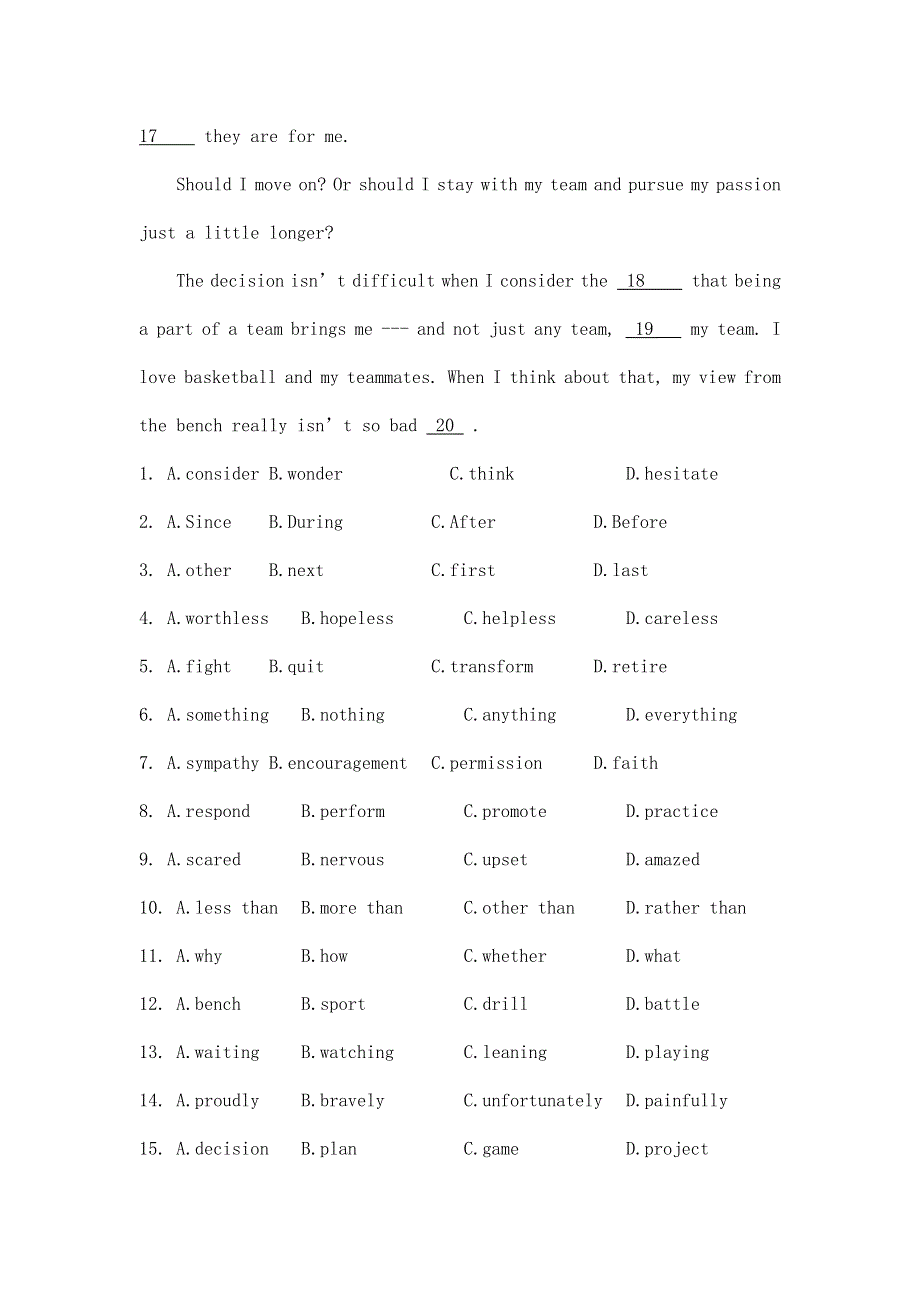 山西省2012高考英语二轮复习专题训练：完型填空（19）.doc_第2页