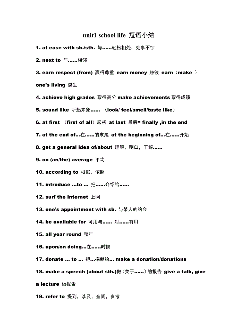 江苏省姜堰市张甸中学高三英语一轮复习：MODULE1 UNIT1短语小结.doc_第1页