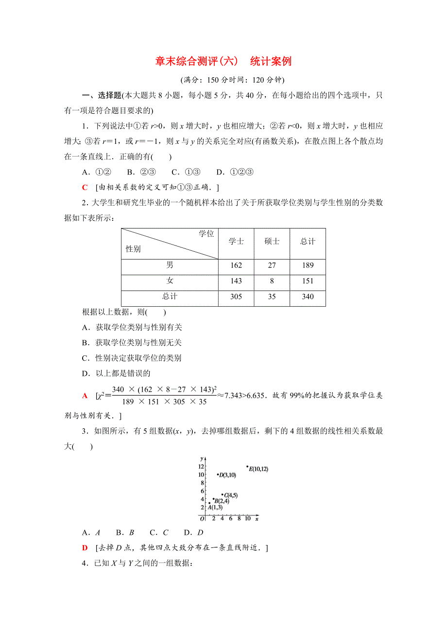 2021-2022学年新教材高中数学 章末综合测评6 统计案例（含解析）北师大版选择性必修第一册.doc_第1页