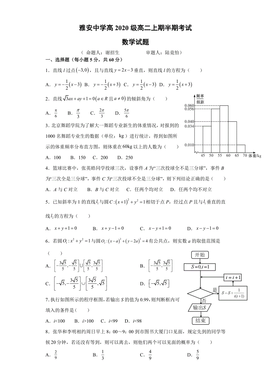 四川省雅安中学2021-2022学年高二上学期期中考试 数学 WORD版含解析.docx_第1页