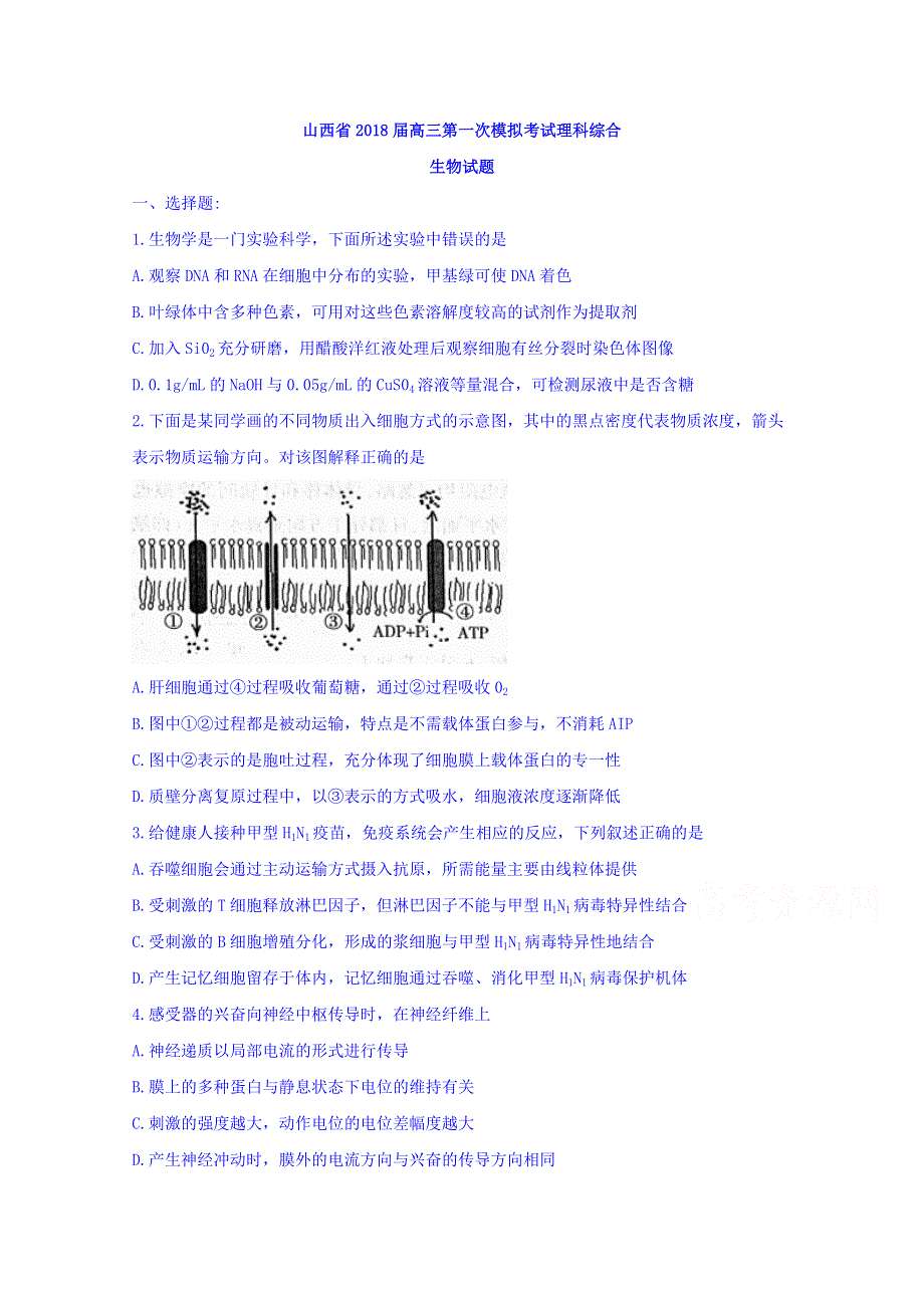 山西省2018届高三第一次模拟考试理科综合生物试题 WORD版含答案.doc_第1页