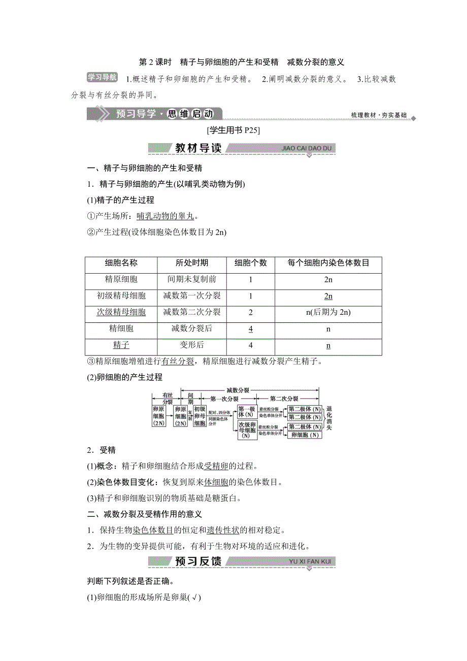 2019-2020学年浙科版生物必修二新素养同步学案：第二章 第一节　第2课时　精子与卵细胞的产生和受精　减数分裂的意义 WORD版含答案.doc_第1页