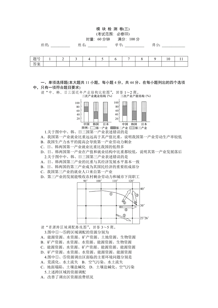 《学海导航》2016届高三一轮复习（新课标）地理模块检测卷3WORD版含解析.doc_第1页