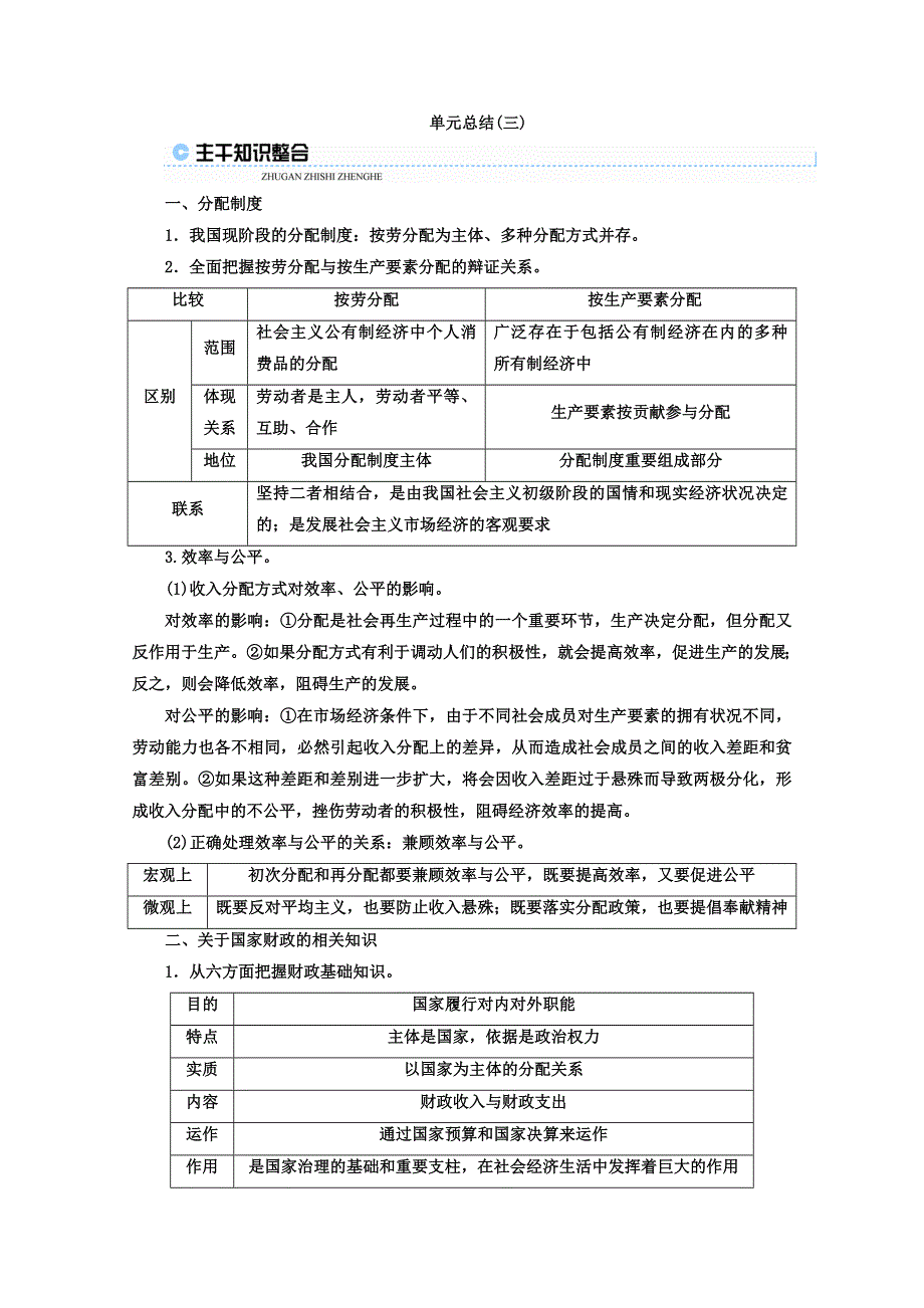 2017-2018学年高中政治人教版必修一教师用书：第三单元 收入与分配 单元总结（三） WORD版含答案.doc_第1页