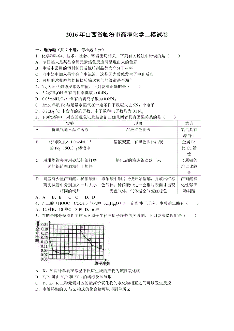 山西省临汾市2016届高三化学二模试卷 WORD版含解析.doc_第1页