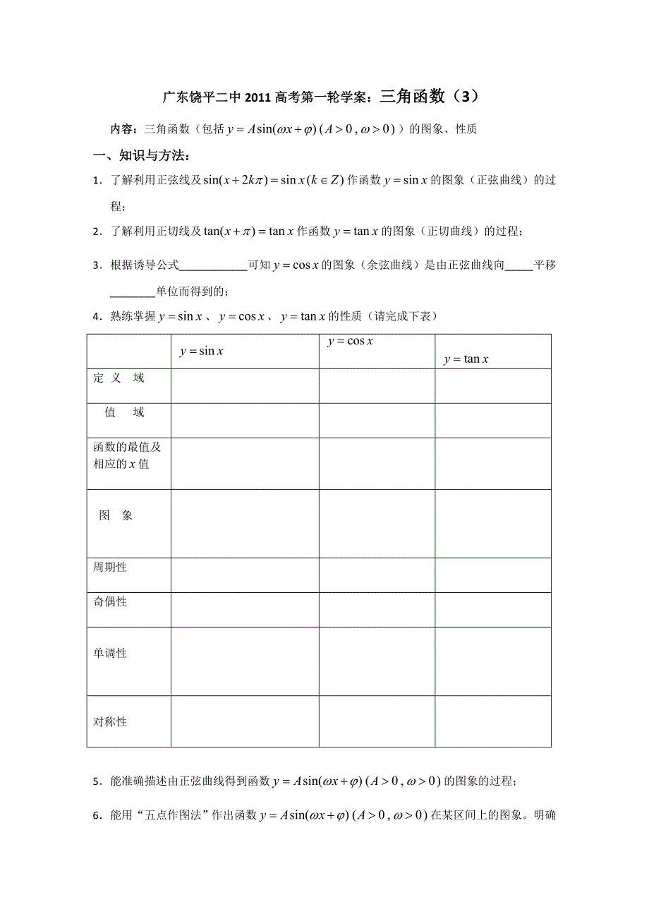 广东省饶平二中2011届高考第一轮学案：三角函数的图像和性质.doc_第1页