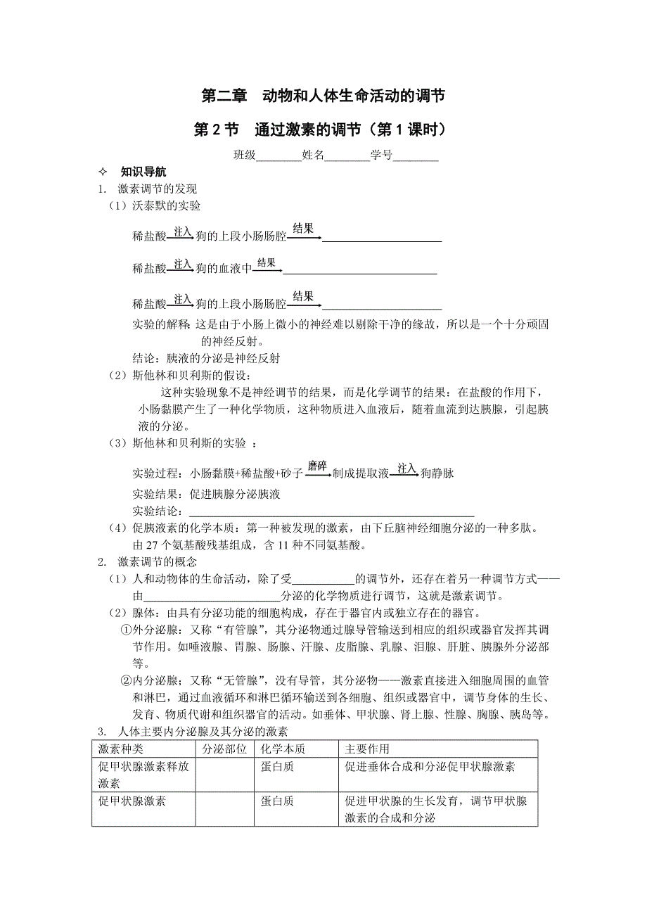 河北省唐山市某重点中学高二生物学案 06第2章 第2节 通过激素的调节（第1课时）（人教版必修3）.doc_第1页