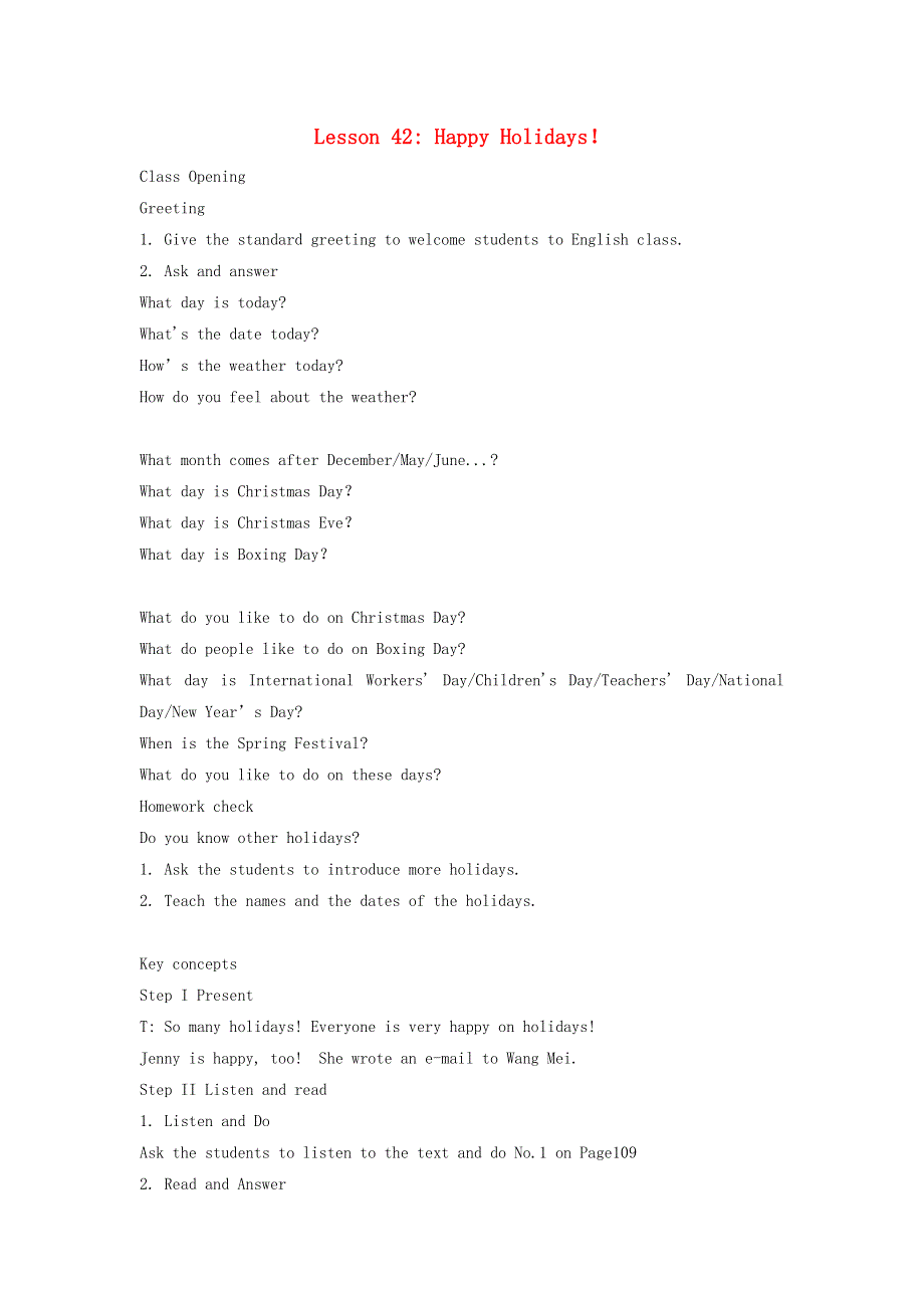 2021秋七年级英语上册 Unit 7 Days and Months Lesson 42 Happy Holodays教案 （新版）冀教版.doc_第1页