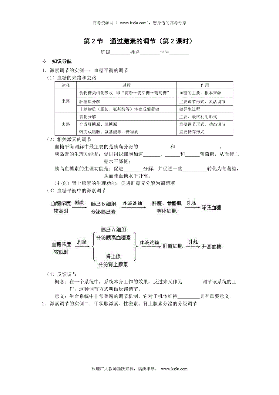 河北省唐山市某重点中学高二生物学案 07第2章 第2节 通过激素的调节（第2课时）（人教版必修3）.doc_第1页