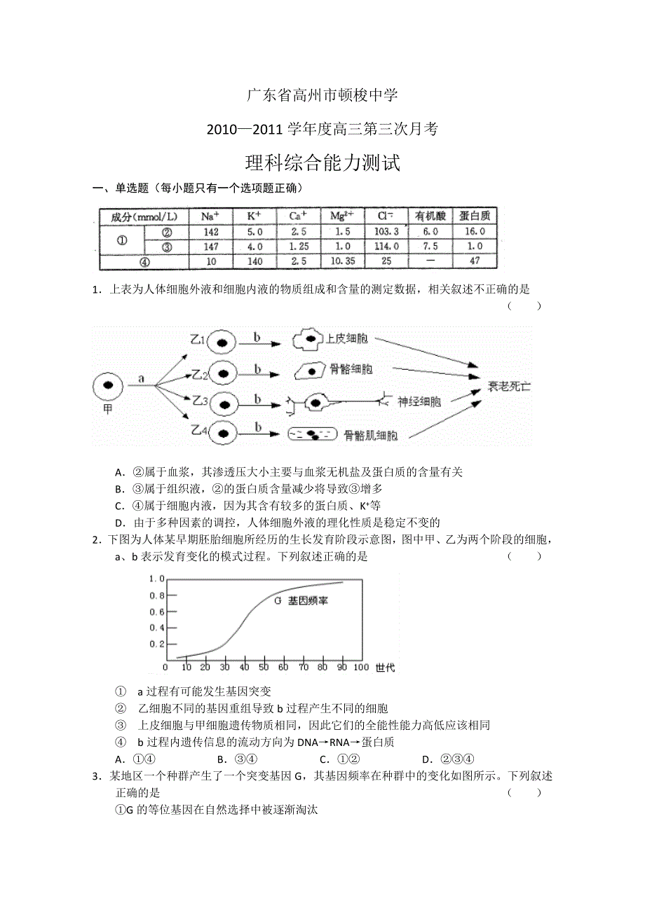 广东省高州市顿梭中学2011届高三第三次月考（理综）.doc_第1页