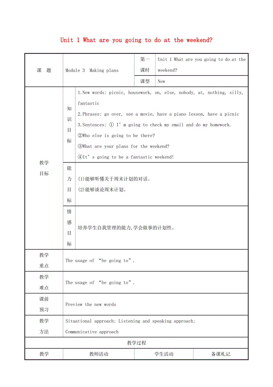 2021秋七年级英语下册 Module 3 Making plans Unit 1 What are you going to do at the weekends教案 （新版）外研版.doc_第1页